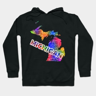 Colorful mandala art map of Michigan with text in multicolor pattern Hoodie